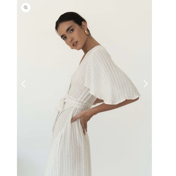 Lu ciee Natural Stripe Linen Blend Wrap Midi Dress Minimalist Classic Chic - Picture 6 of 14